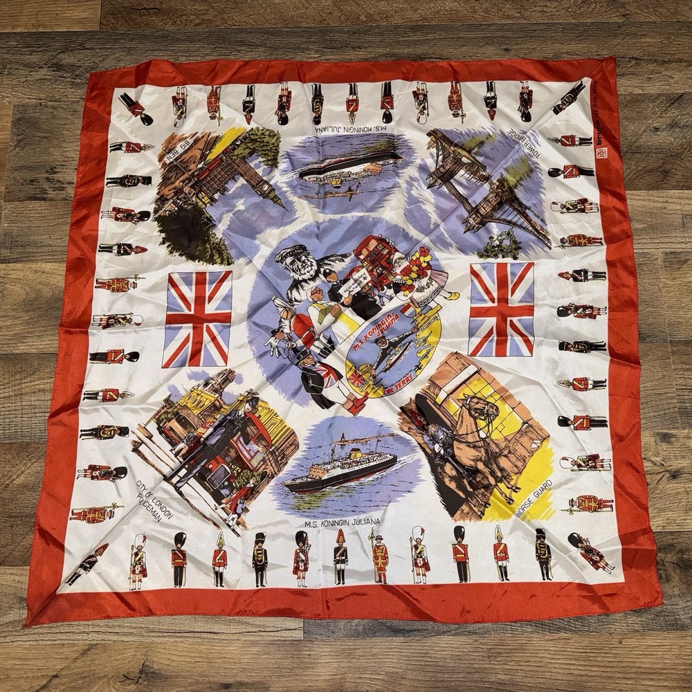 Vintage London Souvenir Silk Scarf Red Border Union Jack Big Ben Tower Bridge